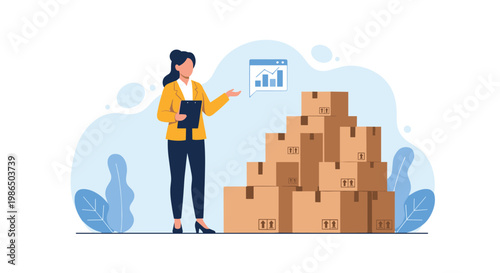 Professional female manager in a yellow jacket supervising a large stack of cargo boxes with a business chart floating in the background.