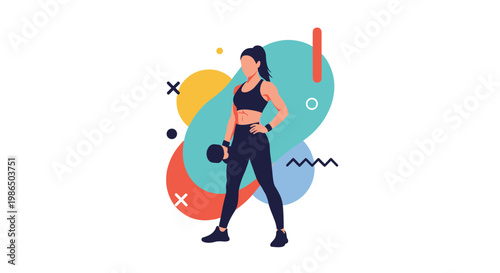 Strong athletic woman in gym wear holding a kettlebell and posing against a colorful abstract geometric background for fitness motivation.
