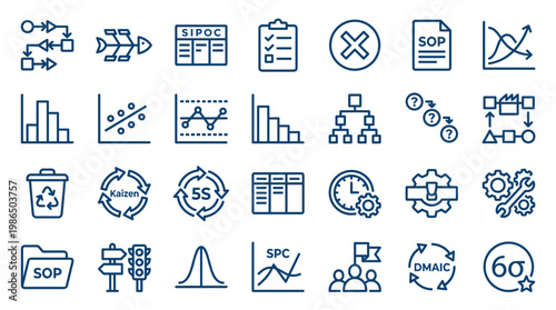 Set of business process improvement icons and symbols for quality management and lean manufacturing concepts