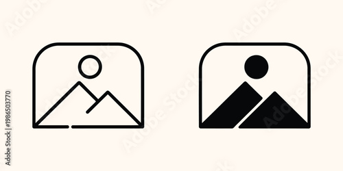 Photo album icon with mountains and sun, gallery image symbol, editable vector file.