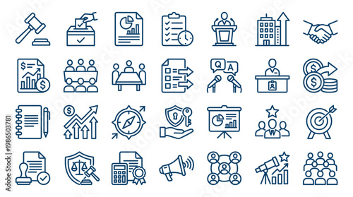 Collection of business and finance icons representing strategy, teamwork, legal matters, and financial growth