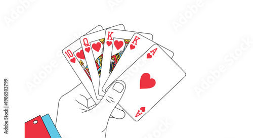 Close up of a hand holding a winning poker hand consisting of a royal flush in hearts including the ten, jack, queen, king, and ace cards.