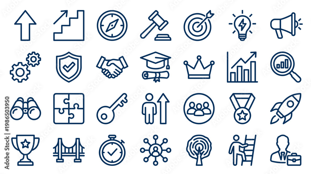 Fototapeta premium Collection of business and success icons representing growth strategy achievement goals teamwork and innovation on a white background