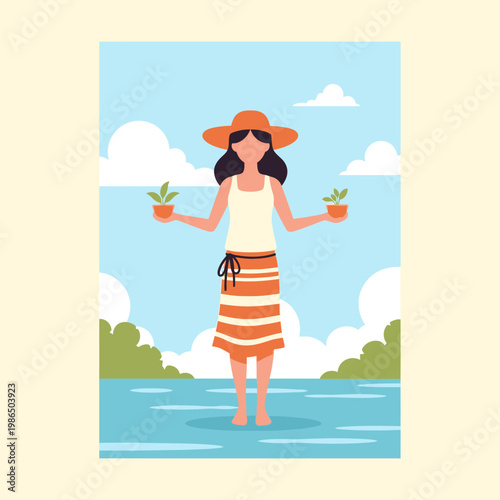 Flat vector illustration of a barefoot woman in a sun hat and striped skirt standing on blue water while holding two small potted plants in her hands against a cloudy blue sky.