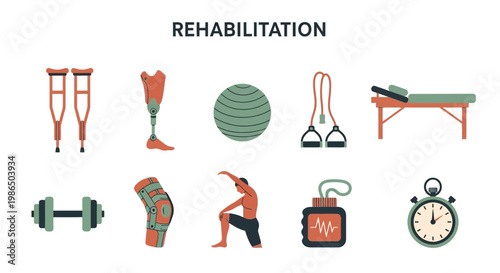 Rehabilitation therapy and physical fitness icons.