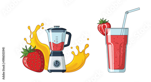 Strawberry smoothie preparation featuring a kitchen blender and a tall glass of fresh red drink with a straw and splash effects in background.
