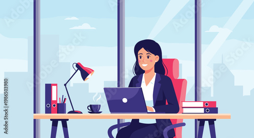 Happy business woman working on her laptop at a modern office desk with a city view through the window and office supplies organized around.