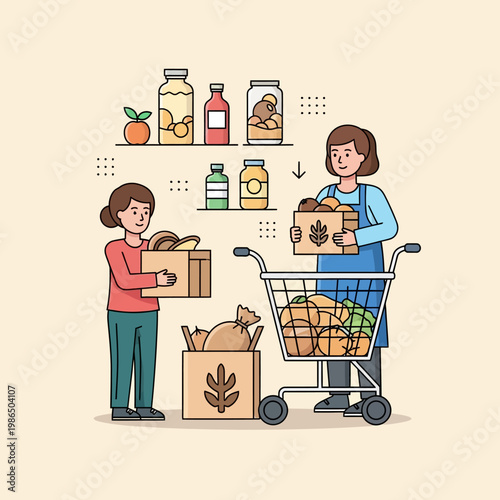 Vector illustration of volunteers organizing food donations with glass jars, fresh vegetables in a shopping cart, and cardboard boxes for charity distribution in a food bank.