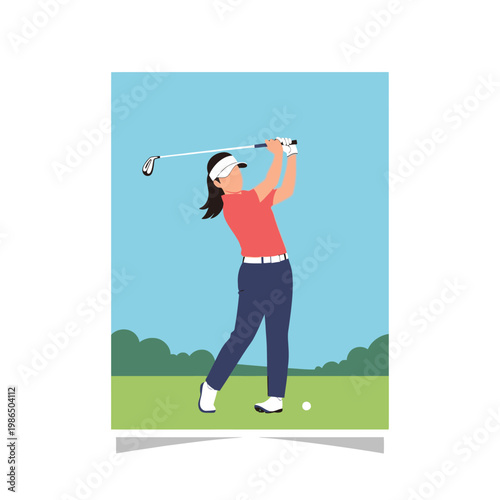Minimalist flat vector illustration of a female golfer in a red polo shirt and navy pants finishing a swing on a green fairway under a clear blue sky with a golf ball and club.