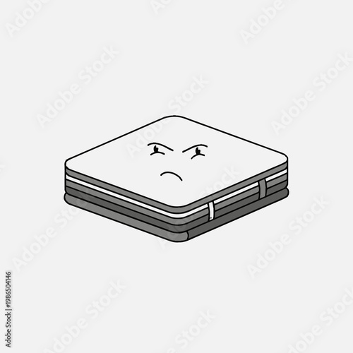 Isometric vector illustration of a white quilted mattress with an angry cartoon facial expression on a plain background, featuring simple line art and a detailed layered side design.