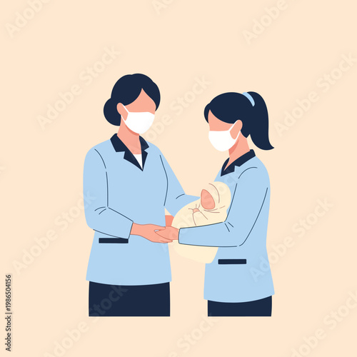 Flat vector illustration of two female healthcare professionals in blue uniforms and face masks, one holding a swaddled newborn baby while the other offers support by holding hands.