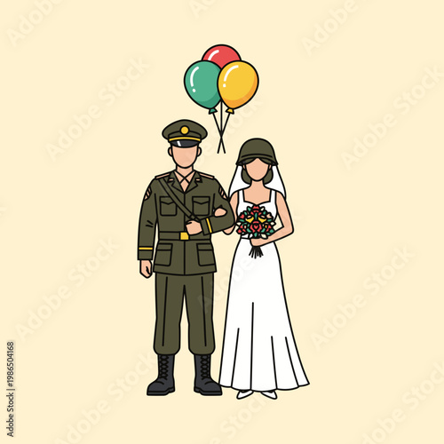 Flat vector illustration of a military wedding featuring a soldier in green dress uniform and a bride in a white gown wearing a combat helmet, holding a bouquet and balloons.