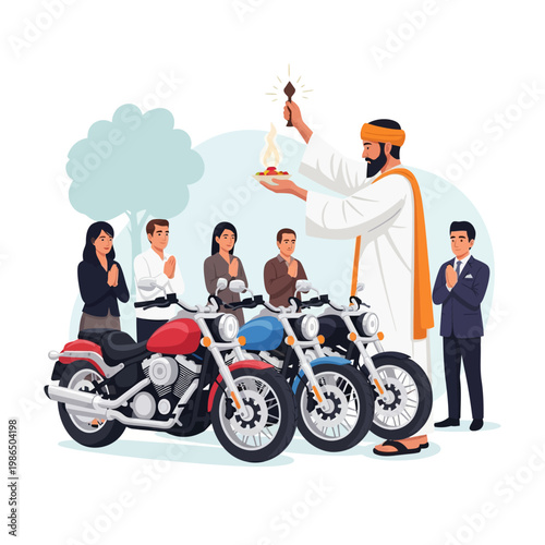 Vector illustration of a traditional motorcycle blessing ceremony featuring a religious figure performing a ritual over motorbikes while owners stand with hands in prayer position.