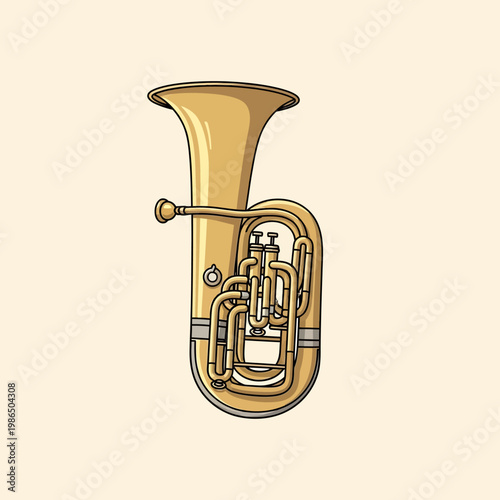 Detailed vector illustration of a polished brass tuba musical instrument featuring an intricate valve system and large bell, isolated on a neutral light background for orchestral use.