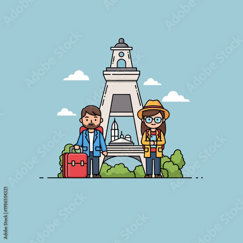 Flat vector illustration of a male and female traveler with backpacks and luggage standing in front of a white tower monument landmark with city silhouette and clouds background.
