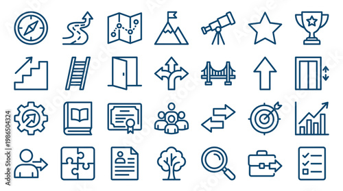Collection of business and career growth icons representing success strategy planning and development journey with diverse symbols
