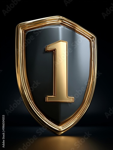 Golden Shield of Excellence: A gleaming gold-edged shield with a prominent 1 in shimmering gold, symbolizing first place or top achievement, a testament to dedication and triumph.