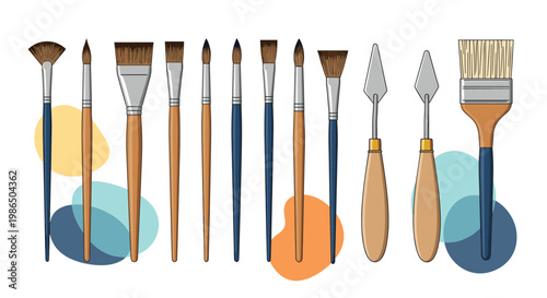 Selection of various art tools including paintbrushes of different sizes and palette knives used for creating professional oil and acrylic art.