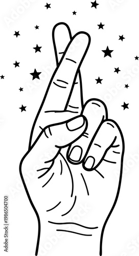 Crossed fingers luck sign vector line art with black solid stars and detailed hand creases.