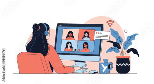 Woman participates in a video conference call with colleagues on her computer while working from home in a cozy environment with a plant.