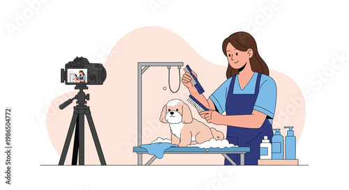 Professional pet groomer brushes a small white dog while recording a video tutorial on a camera for her social media followers and fans.