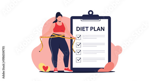 Plus size woman measures her waist with a yellow tape next to a large diet plan checklist illustrating weight loss and fitness goals.