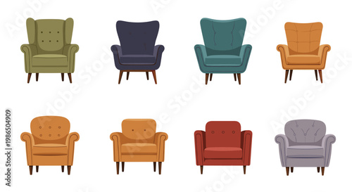 Collection of eight modern armchairs in various colors and styles shown in two rows as furniture design options for home interior decorating.