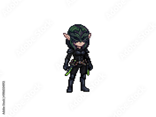pixel art depiction of a stealthy dark elf assassin wearing a black mask and armor equipped with green poison daggers.