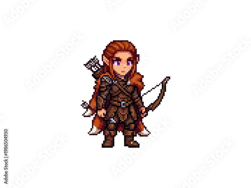 pixel art of a female elven ranger wearing a fox fur pelt cloak and brown leather armor with a bow.
