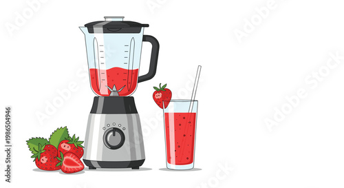 Electric blender filled with a red strawberry smoothie stands next to fresh berries and a full glass with a straw on a plain white background.
