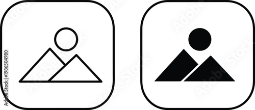 Rounded photo album icon with mountains and sun, gallery image symbol, editable vector file.