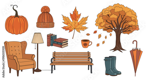 Comprehensive collection of hand drawn autumn icons including a pumpkin, colorful leaves, warm clothes, books, and cozy fall seasonal items.
