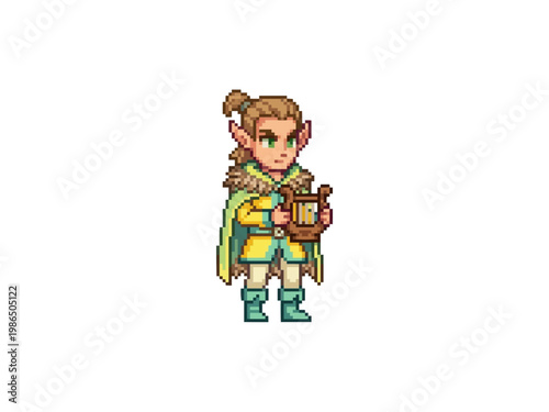 pixel art illustration of a male elven bard dressed in bright yellow and green clothes playing a wooden lyre.