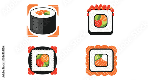 Set of four stylized sushi rolls presented as colorful icons including maki, nigiri, and california rolls for restaurant menu or food design.