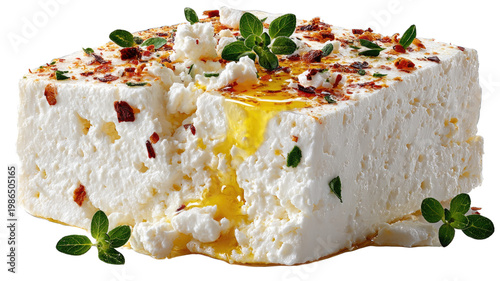 Block of delicious feta cheese with olive oil and fresh herbs isolated on transparent background