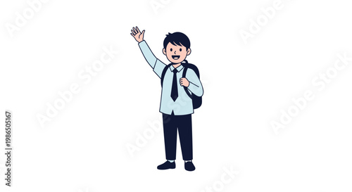 Happy schoolboy in a neat uniform waves his hand while wearing a dark backpack as he prepares for his first day of school or educational trip.