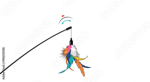 Colorful feather cat toy on a flexible stick with motion lines indicating its fast movement to engage and play with a pet for exercise and fun.