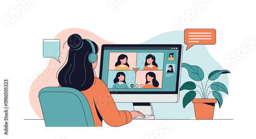 Woman with a headset sits at her computer participating in an online group video conference with several people for work or education.