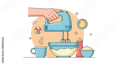 Hand operates an electric hand mixer to blend ingredients in a bowl on a kitchen counter with various cooking tools and food items around.