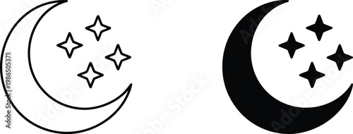 Crescent moon and stars icon, night mode symbol, editable vector file for web and print.