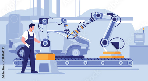 Industrial factory floor features robotic arms assembling a car on a conveyor belt while a technician in overalls monitors the automation.