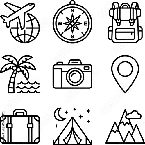 Minimalist Travel and Tourism Line Art Icons Set: Airplane, Compass, Backpack, Palm Tree, Camera, Location Pin, Suitcase, Tent, Mountains, representing adventure and vacation with clean vector illustr