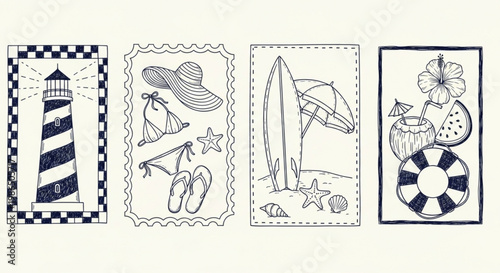 Summer Beach Holiday Hand-Drawn Illustrations. Classic seaside elements like lighthouse, surfboard, and tropical drinks capture a nostalgic vacation feel