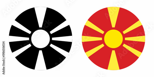 North Macedonia flag in circle badge style with yellow sunburst on red background. Official standard colors. Clean vector icon ideal for apps, UI, branding, travel and geography design.