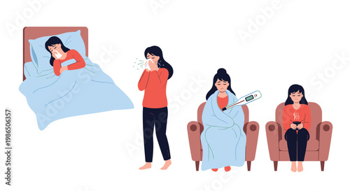 Four stages of a woman suffering from flu symptoms like coughing, fever, and exhaustion in different settings.