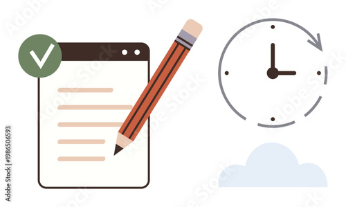 Productivity, organization tools, time planning, work efficiency, deadline tracking, task completion. A checklist with a check mark, pencil clock and cloud. Productivity and organization tools