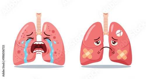 Two personified lung organ characters showing signs of illness, crying, and being covered with medical bandages to represent lung disease.