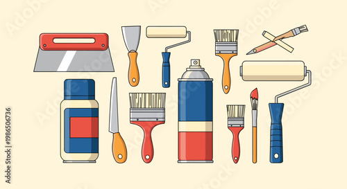 Comprehensive collection of professional handyman and painting tools including brushes, rollers, scrapers, spray cans, and a utility knife.