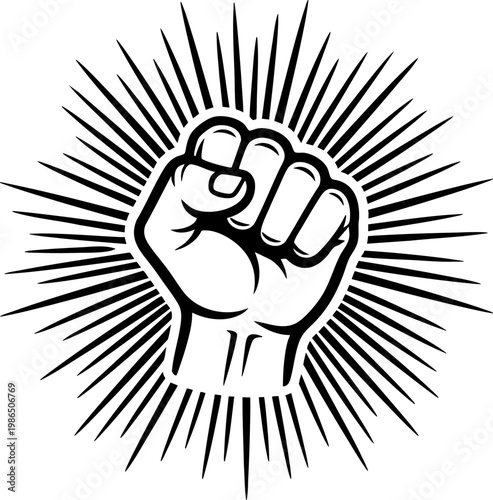 Raised fist black and white vector illustration with full radiating lines on transparent background.