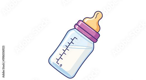 Baby bottle filled with white milk and featuring a purple cap and yellow nipple isolated on a plain white background.